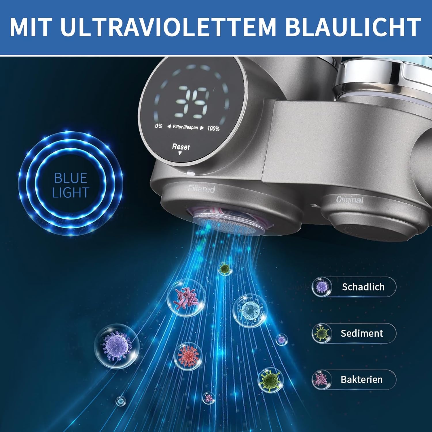 HOMELODY Wasserfilter Wasserhahn, Wasserfilter Trinkwasser mit LED-Anzeige, entfernt Chlor, Schwermetalle und schlechten Geschmack, Wasserhahnfilter mit blauem Licht für die Küche (inkl. Filter x 1) – Bild 4