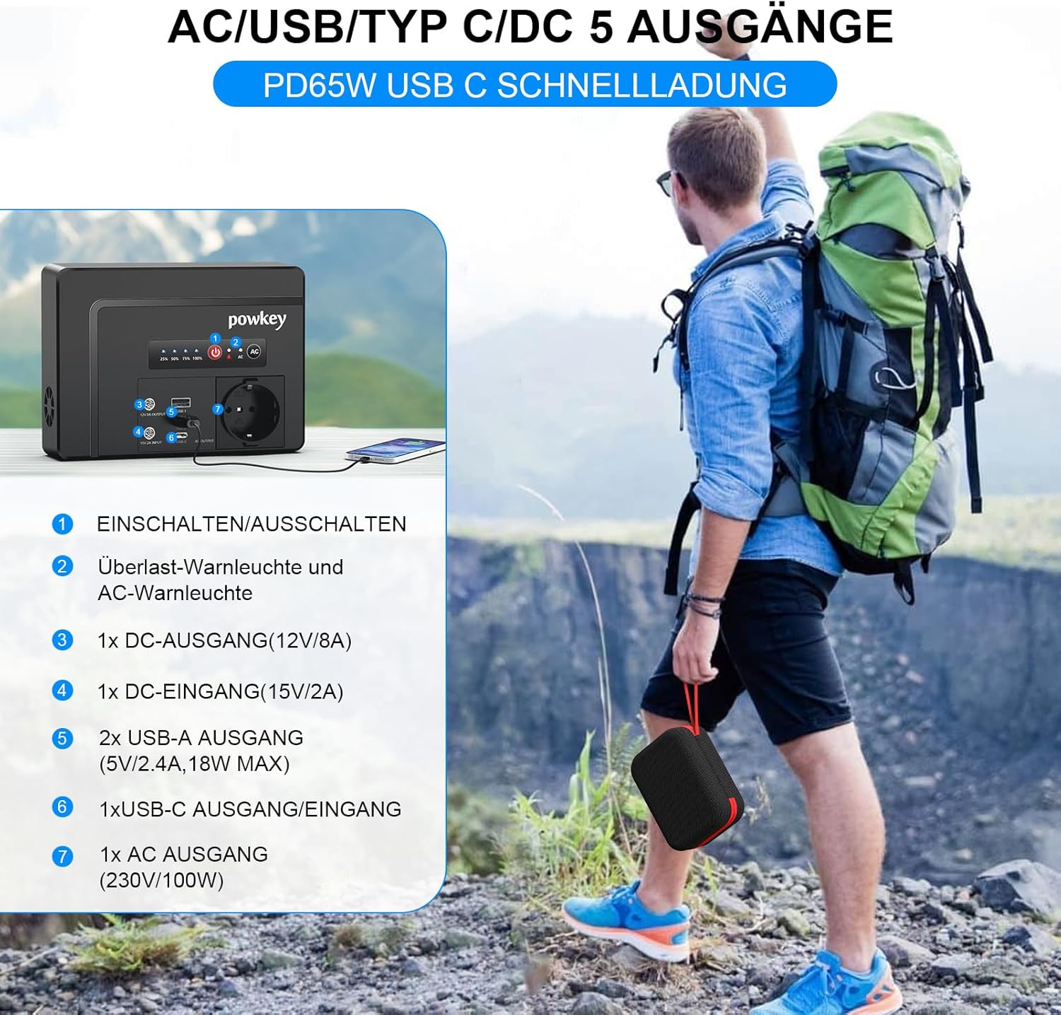 Powkey Tragbare Power Station 26400 mAh/97,68 Wh Power Bank Steckdose mit 100 W/230 V AC Ausgang, 12 V 8 A DC, PD 65 W USB C Externer Akku Power Station Camping Tablet Handy – Bild 5
