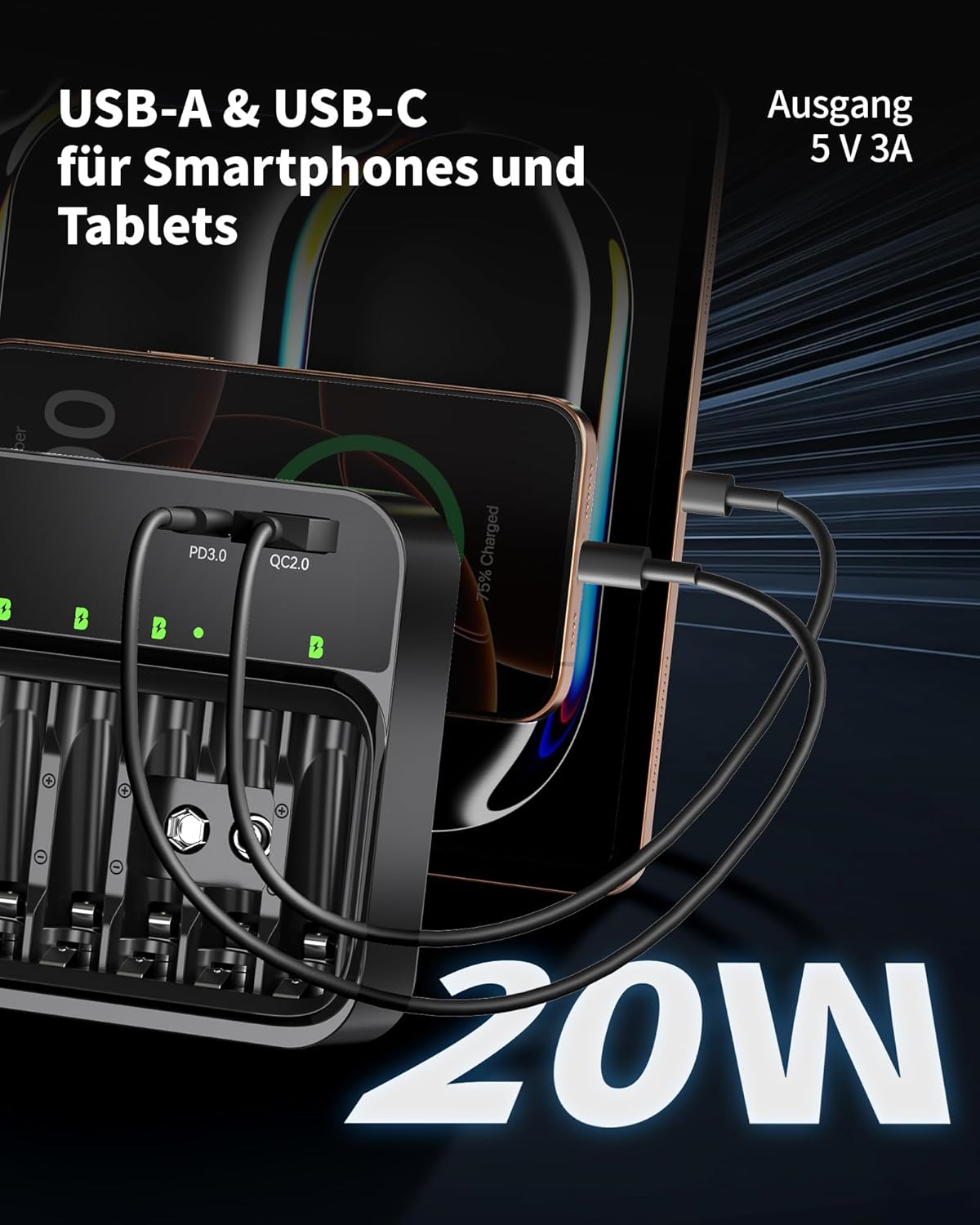 EBL Batterieladegerät für AA AAA 9V-Batterien, kompatibel mit NI-MH-Batterien, USB-C PD3.0 & Micro-USB-Eingang, Schnellladegerät – Bild 2