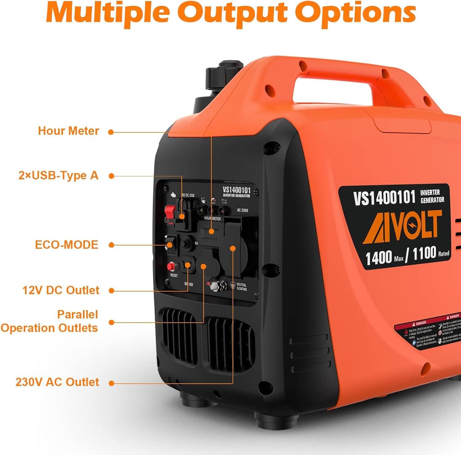 AIVOLT Inverter Stromerzeuger 1400 Watt Stromerzeuger Notstromaggregat Benzin Leise Generator für Camping, Festivals und Heimgebrauch mit 2 USB, 12V DC Steckdosen und 230V Steckdosen – Bild 2