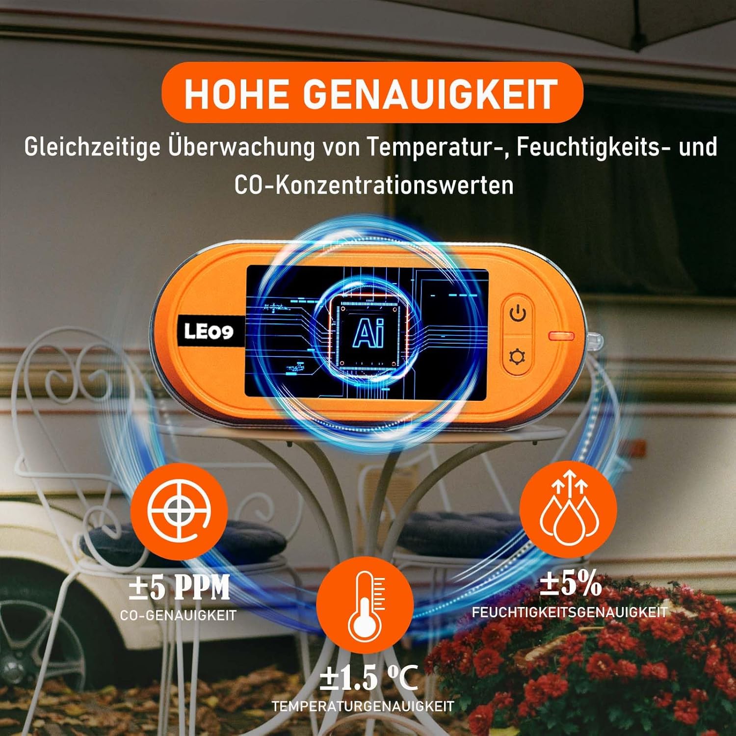 Tragbare CO-Detektoren von LSENLTY unterstützen 500 Stunden Standby-Zeit, 3-in-1-CO-Detektor (Temperatur, Luftfeuchtigkeit und CO), Alarmfunktion und Lanyard-Design für Camping, Reisen, Autos, Orange – Bild 4