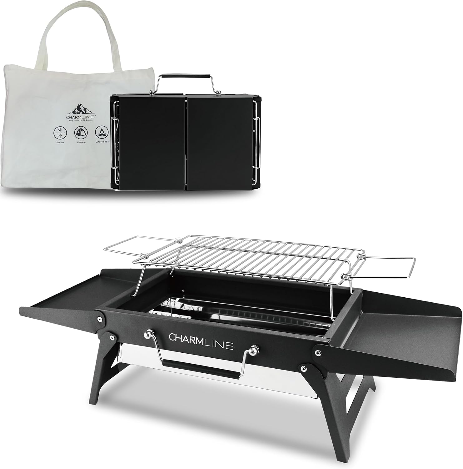 Charmline 34 x 23 cm faltbarer tragbarer Holzkohlegrill, kleiner Camping-Grill, Holzkohle, Picknick-Grill, BBQ-Grill für den Außenbereich, geeignet für Gärten, Strände, Rasenflächen und Tischplatten, schwarz