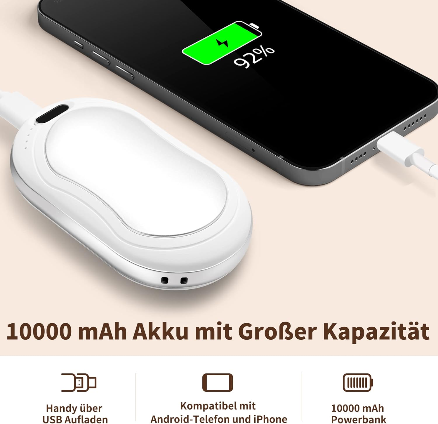 Elektrische Handwärmer, 2er-Set, 10.000 mAh, Taschenwärmer, wiederverwendbar mit Digitalanzeige, Handwärmer, USB wiederaufladbare Powerbank, Wintergeschenk für Frauen und Kinder (Schwarz & Silber) – Bild 6