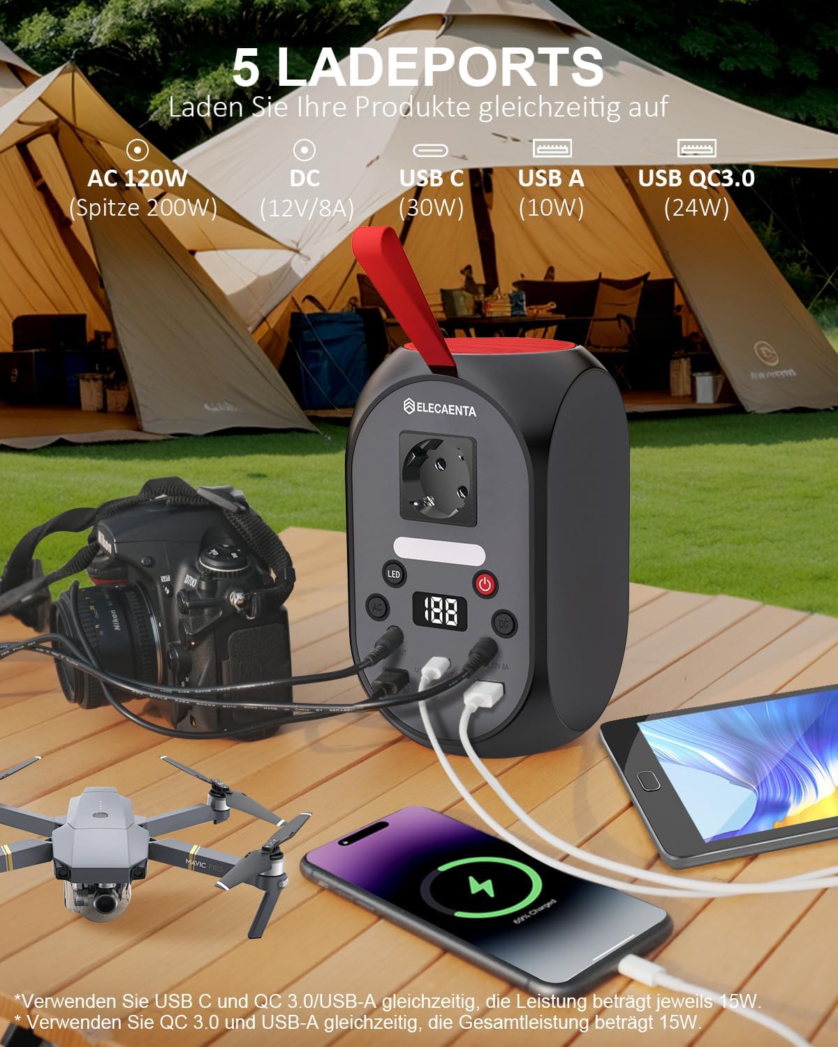 ELECAENTA Tragbares Kraftwerk, 99 Wh LiFePO4-Batterie, 120 W Solargeneratoren mit PD 30 W/AC/DC-Ausgang, Backup-Batterie für Reisen, Outdoor, Camping und Notfälle – Bild 5