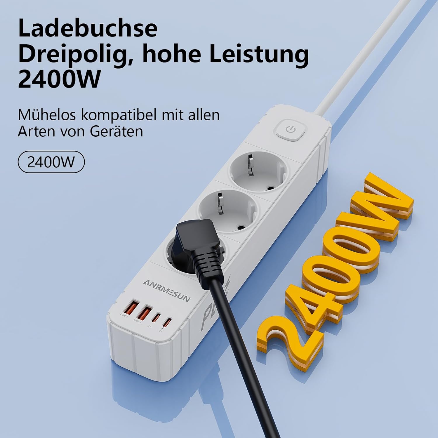 Steckdosenleiste mit USB C PD 20W, 3-fach Steckdose mit Überspannungsschutz, Mehrfachsteckdosen, 4 USB (2 USB-C), Steckdosenleiste Verteilersteckdose mit Schalter und 1,9m Kabel (3 Fächer, Weiß) – Bild 3