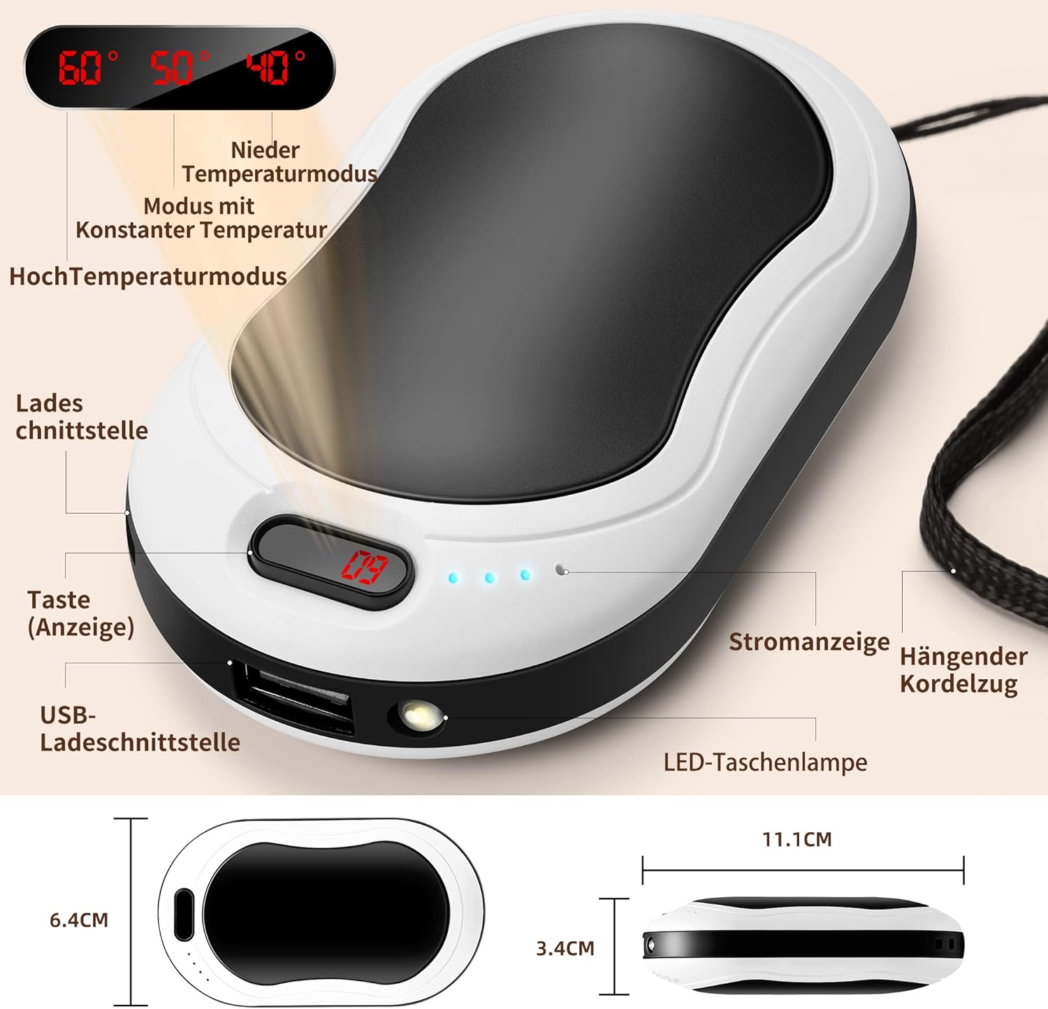 Elektrische Handwärmer, 2er-Set, 10.000 mAh, Taschenwärmer, wiederverwendbar mit Digitalanzeige, Handwärmer, USB wiederaufladbare Powerbank, Wintergeschenk für Frauen und Kinder (Schwarz & Silber) – Bild 2