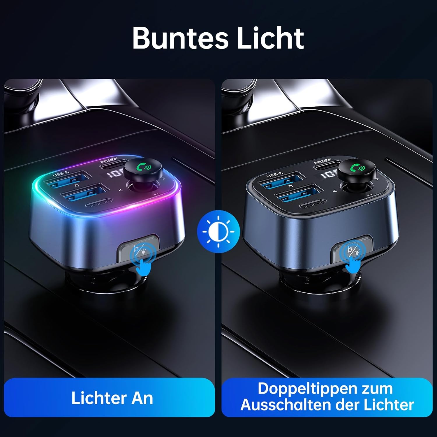 SYNCWIRE Bluetooth 5.3 FM-Transmitter-Autoladegerät 48 W (PD 36 W und 12 W), Dual-USB-Port-Ladegerät, Autoadapter, kabelloses Radio-LED-Display, unterstützt 64-GB-USB-Laufwerk, Lichtschalter, blau – Bild 4