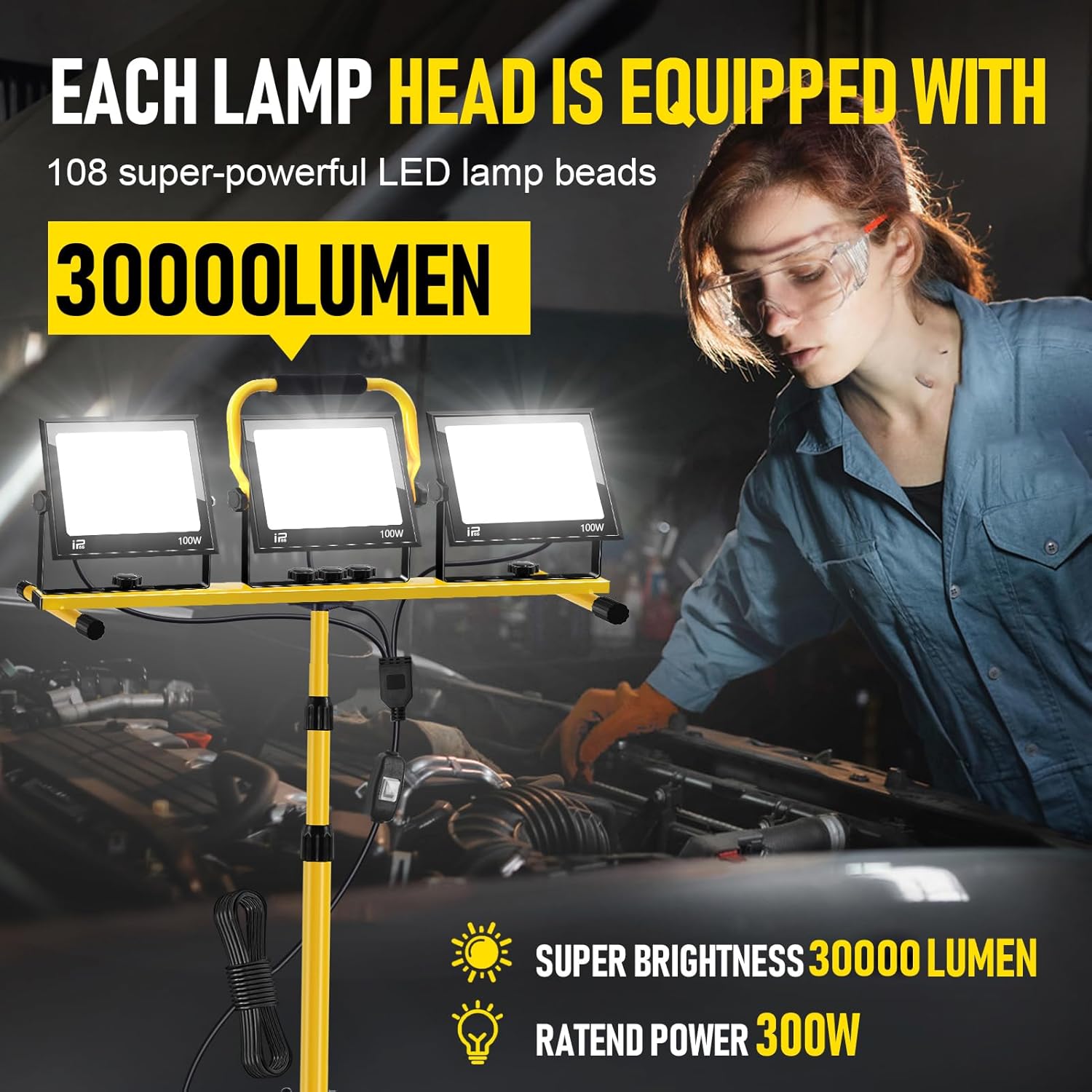 LED-Baustrahler mit Stativ, 300 W, 30.000 LM, 6500 K, LED-Arbeitsleuchte, IP66 wasserdichter Arbeitsstrahler, verstellbare Richtung, Baustellenlampe, Baustellenstrahler für Baustelle, Garage, Werkstatt – Bild 5