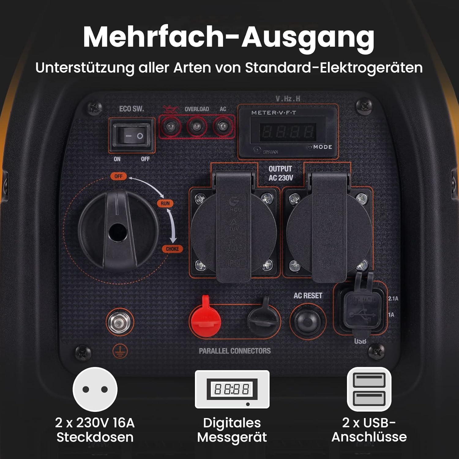 maXpeedingrods 2300W Inverter Stromgenerator Super Leise Tragbar für Outdoor Camping Wohnmobil 4-Takt Leichter Notstromgenerator Benzin für Reisen Garage Wohnwagen mit USB und 230V Steckdosen – Bild 7