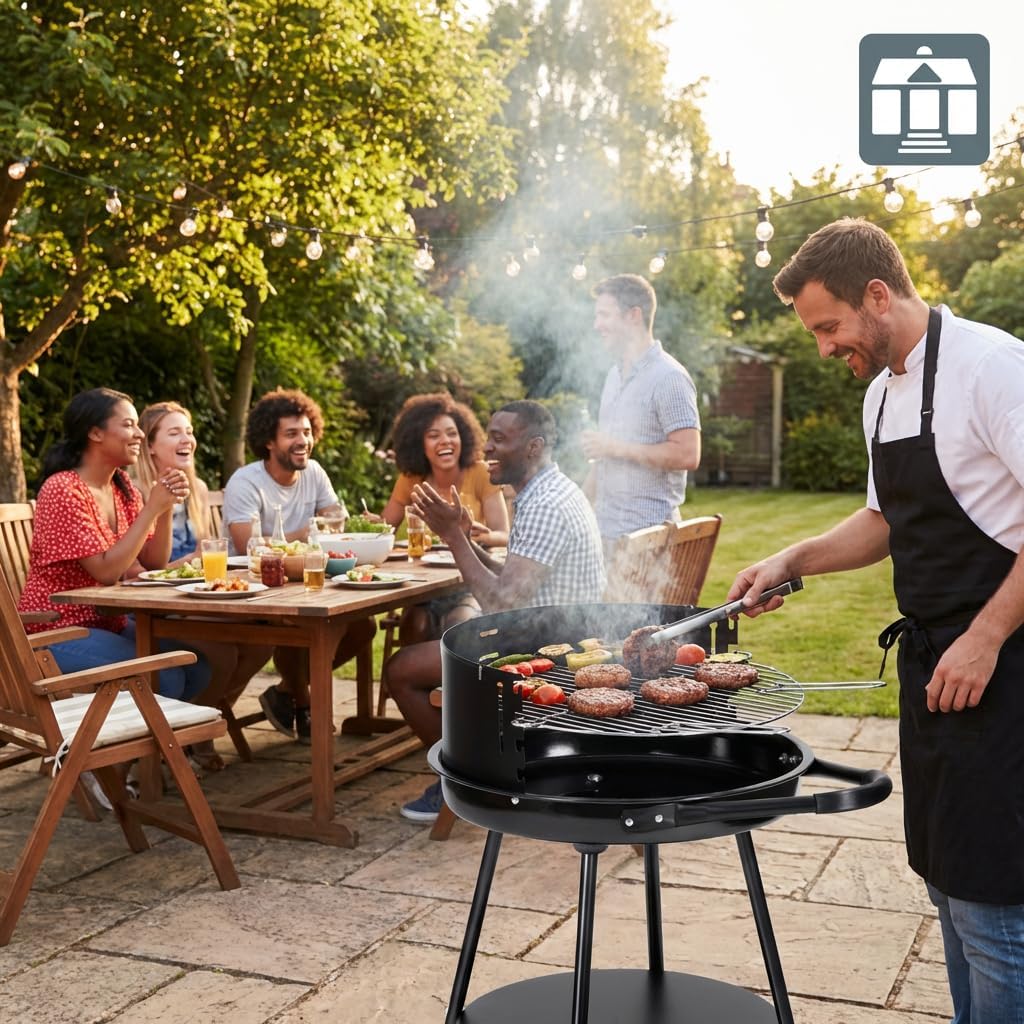 Tarrington House Deluxe Holzkohlegrill, Stahl, tragbarer, runder, höhenverstellbarer Grillrost, Durchmesser 48 cm, mit Rollen, Schwarz – Bild 10