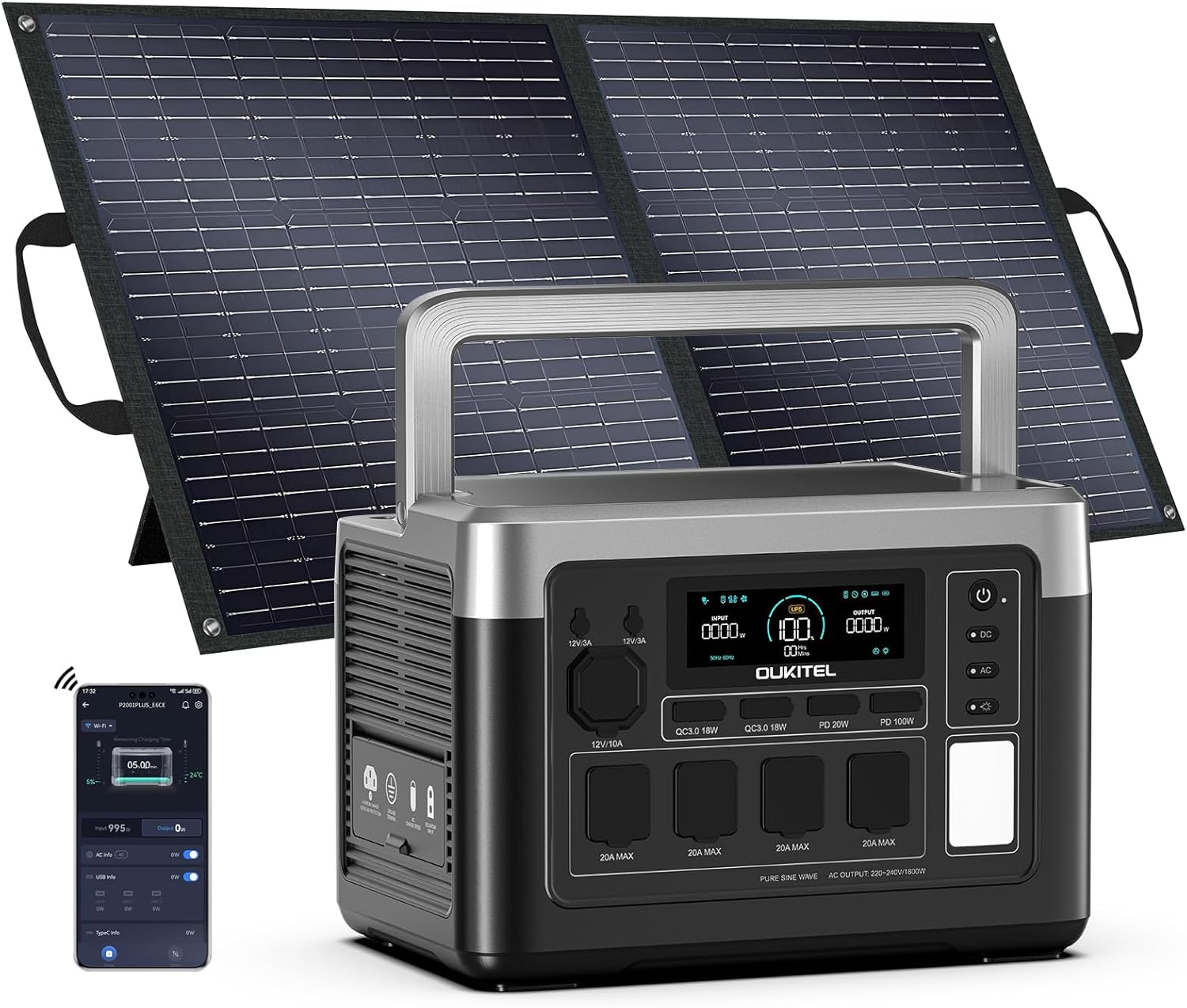 OUKITEL P1000 Plus Tragbares Kraftwerk mit 100 W Solarpanel, 1024 Wh LFP-Batterie-Backup mit 4 x 1800 W AC-Ausgang, Schnellladung von 0–80 % in 40 Minuten, Solargenerator, Notstromgenerator für