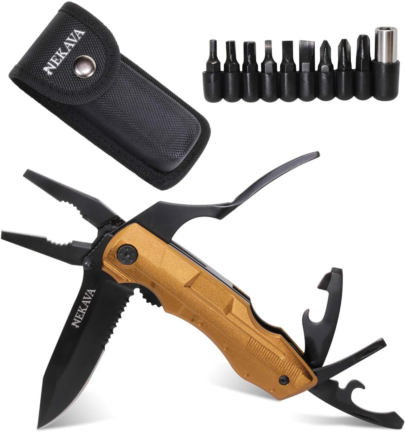 NEKAVA 5-in-1-Multifunktionswerkzeug mit Klappmesser aus schwarzem Edelstahl und goldenem Griff. Ideal als Survivalmesser für Outdoor, Camping, Haushalt. Inklusive kostenlosem Kreditkarten-Tool – Bild 8