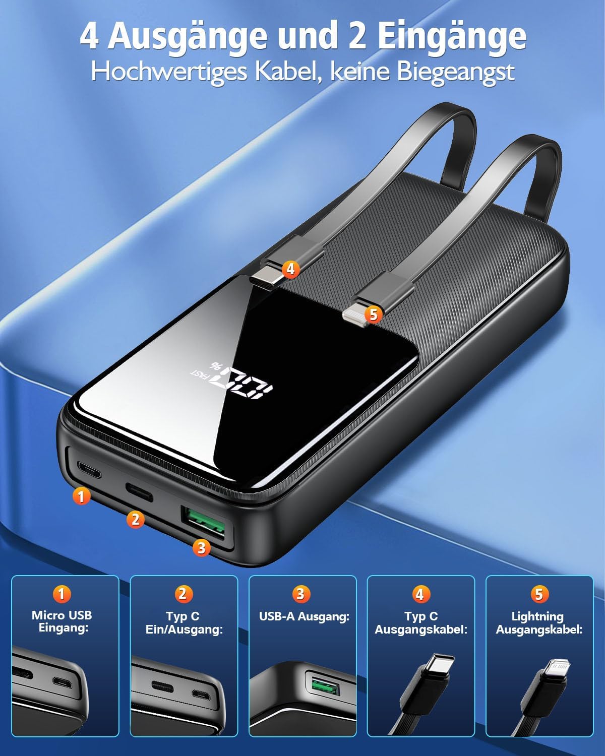 Powerbank 26800 mAh, tragbares Ladegerät mit 3 Anschlüssen und 2 integrierten Kabeln, USB C Schnelllade-Powerbank, externer Akku kompatibel mit iPhone 17 16 15 14 13 Android, Mattschwarz – Bild 3