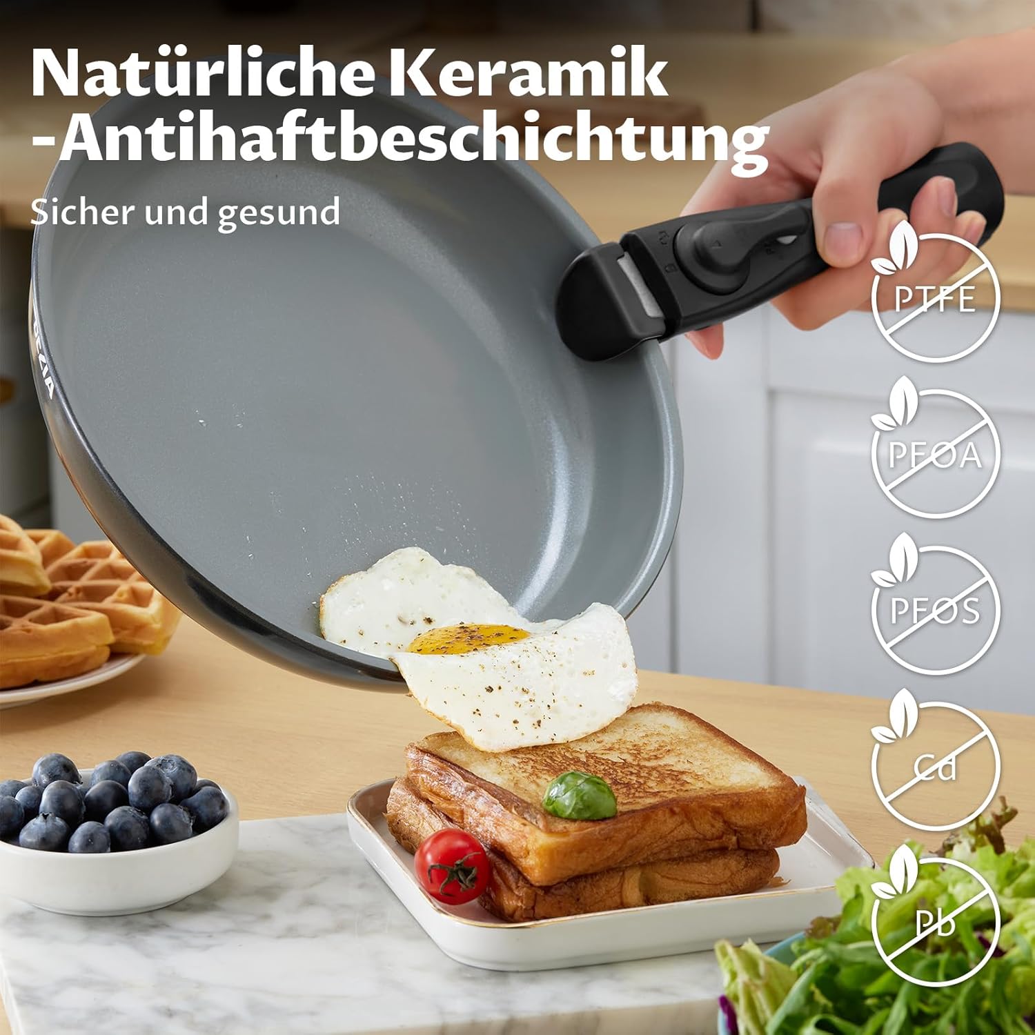 BEZIA Keramik-Topfset mit abnehmbarem Griff, 10-teiliges Topf- und Pfannenset für Camping und kleine Küche, stapelbares Pfannenset Induktion, PTFE/PFAS-frei, ofenfest bis 240 °C – Bild 3