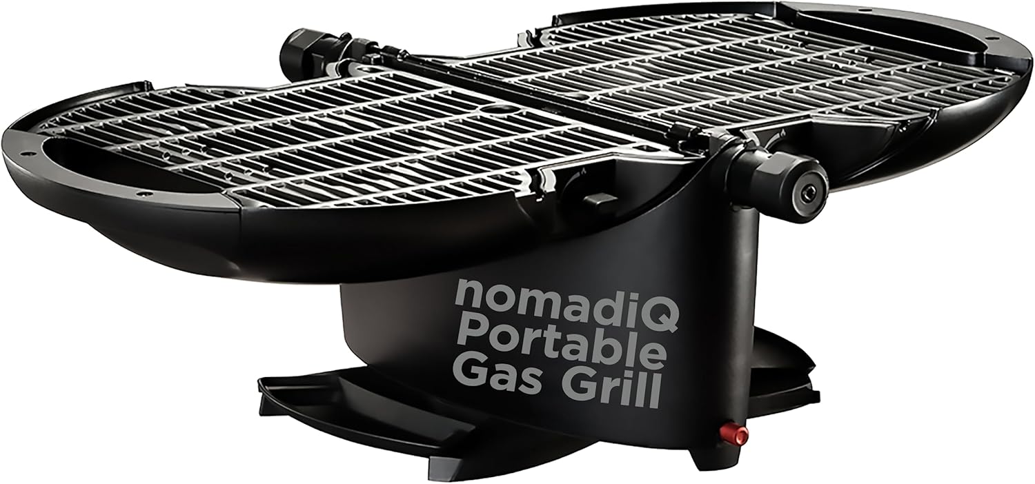 NOMADIQ BBQ Camping Tischgrill Kompakt 2 Brenner Gasgrill Camping Gasgrill Balkon Wohnmobil Grillplatte Tragbarer Outdoor Grill Outdoor Herd (Schwarz 2.0)