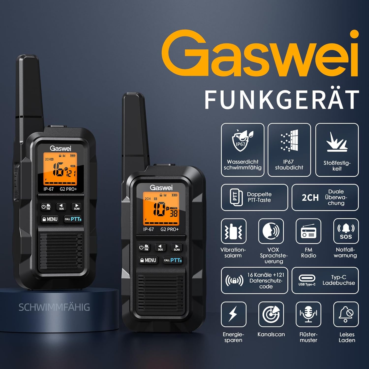 Gaswei G2Pro Professionelle Walkie-Talkies für Erwachsene (IP67 wasserdicht & schwimmfähig), Langstreckenradio mit Doppel-PTT, VOX, SOS-Alarm, UKW-Radio + Akku für den Außenbereich, 2er-Set in Schwarz – Bild 2