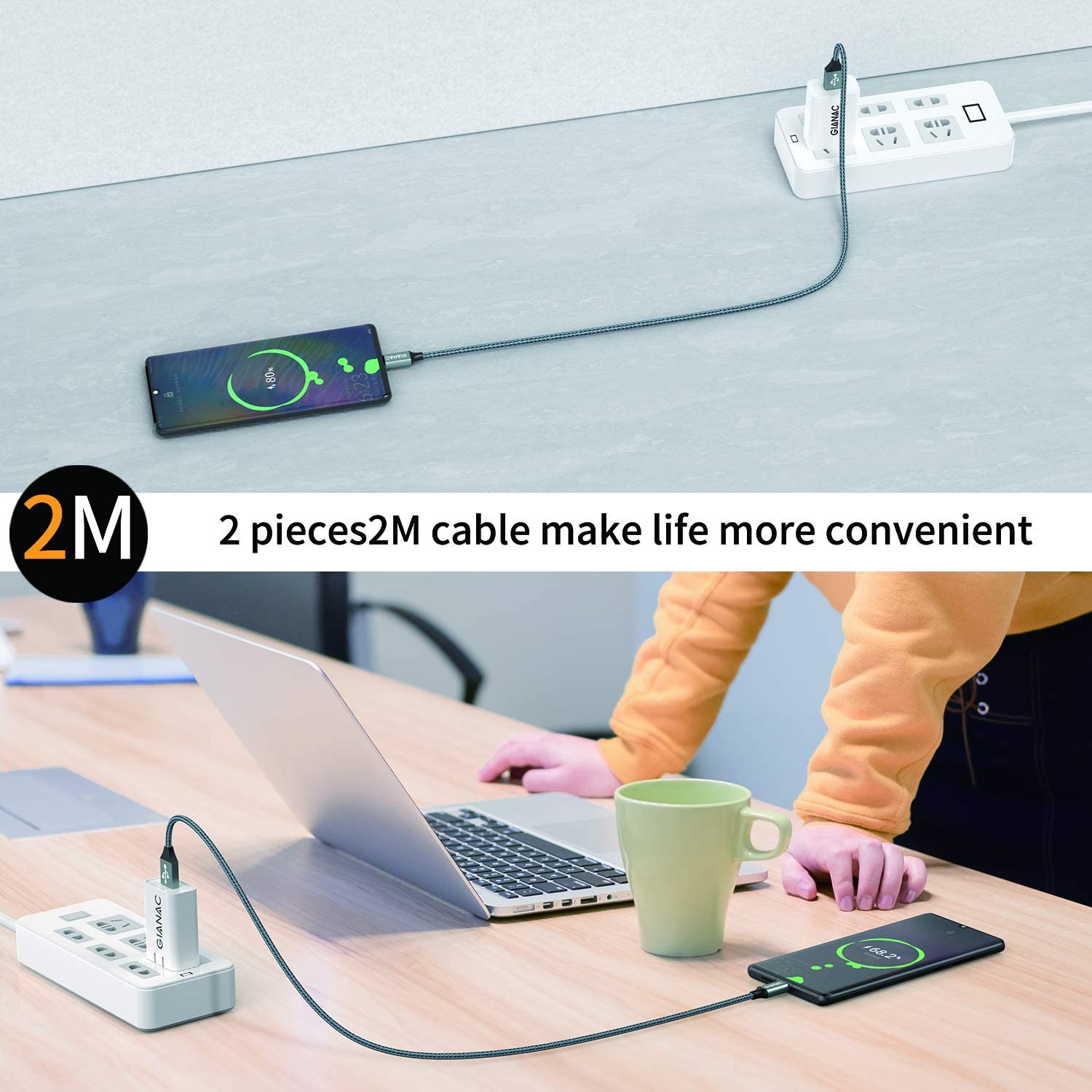 Gianac USB Typ C Kabel, 2er Pack 2m + 2m, 3A USB C Ladekabel und Datenkabel Nylon geflochtenes Fast Charge Sync Schnellladekabel für Samsung S10/S9/S8+, Huawei P30/P20/P10, Google Pixel, Xperia XZ – Bild 6