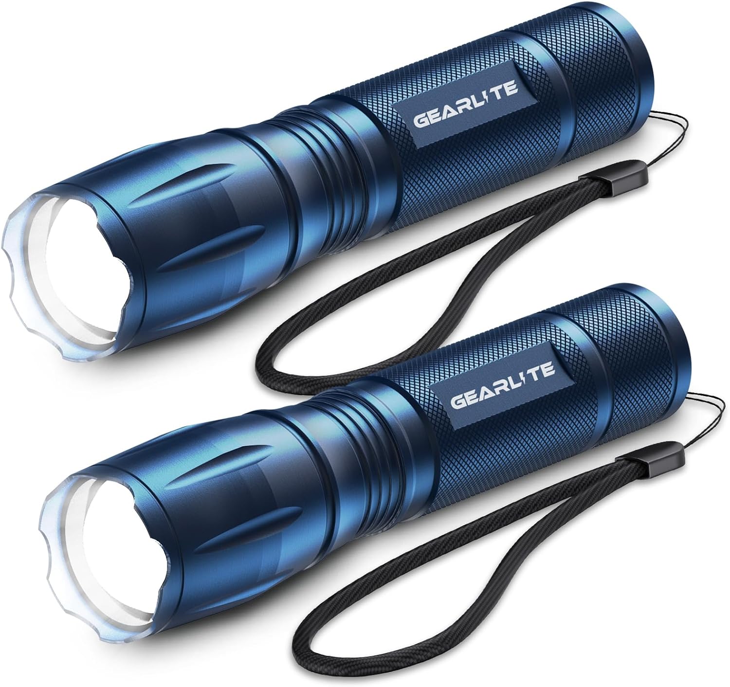 GEARLITE LED-Taschenlampe, batteriebetrieben, 2 Stück, 2000 Lumen, extrem hell mit 5 Modi, IP65 wasserdicht, für Kinder, Camping, Outdoor – Blau