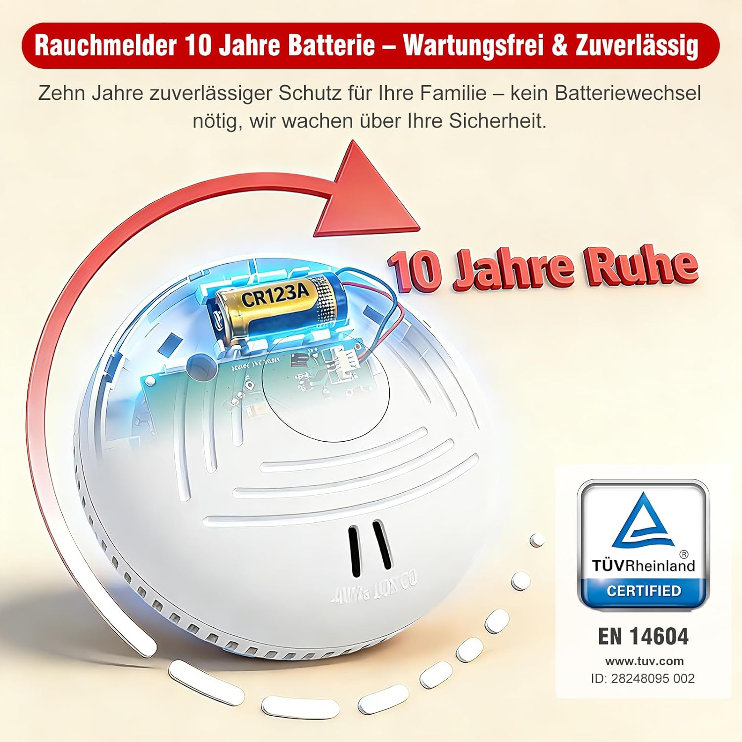 DAYTECH Rauchmelder 10 Jahresbatterie – 6 Rauchmelder mit Magnethalter-Set, TÜV Rheinland zertifiziert, Feuermelder mit 85 dB & Test-/Stummschalter – Feuermelder für Schlafzimmer, Kinderzimmer – Bild 3