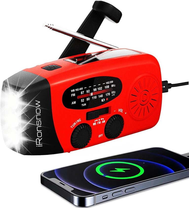 iRonsnow Notfall-Solarradio, tragbares Kurbelradio mit LED-Taschenlampe, 2000 mAh AM/FM Solar Wind Up Radio, SOS-Alarm, wiederaufladbares Powerbank-USB-Ladegerät für Wandern, Camping