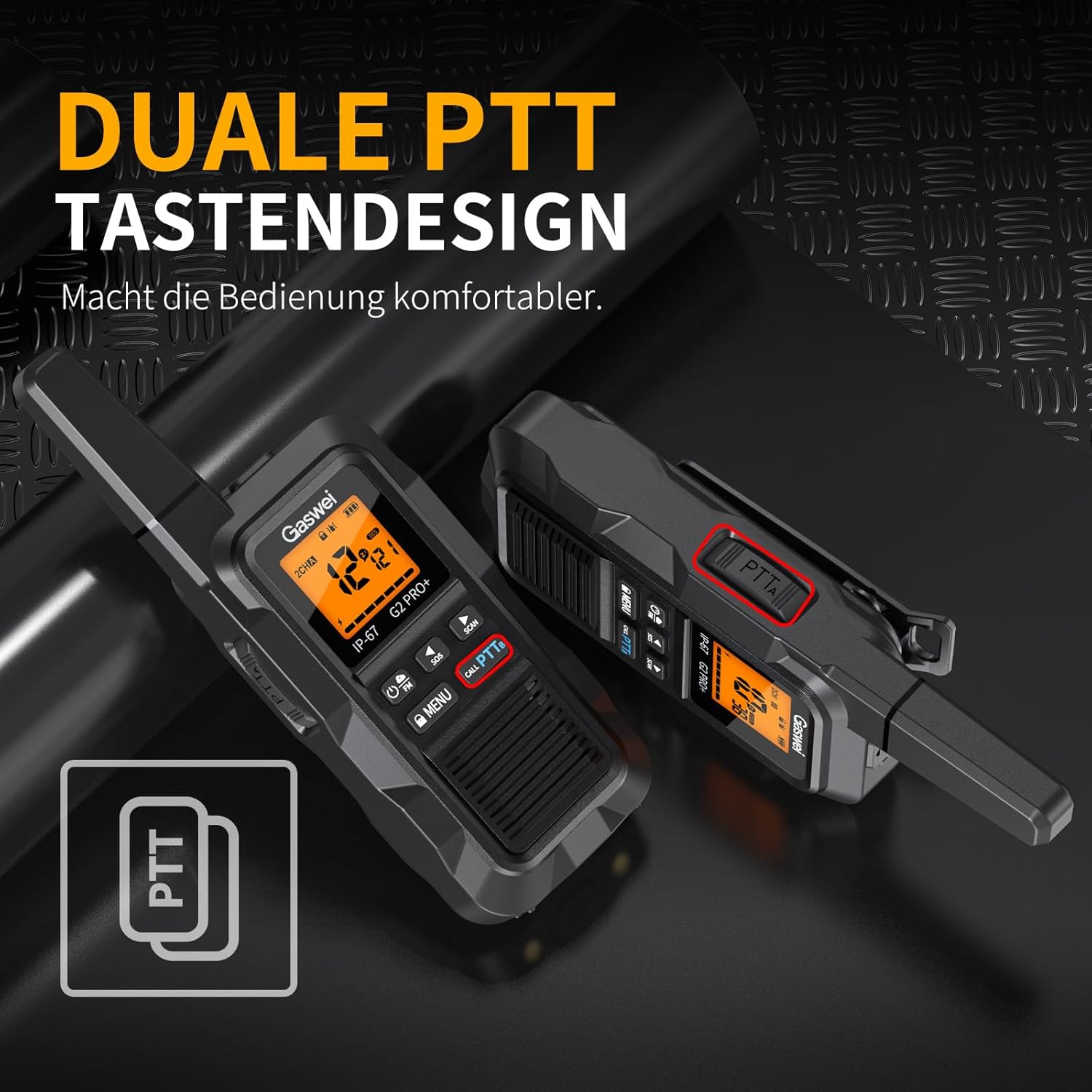 Gaswei G2Pro Professionelle Walkie-Talkies für Erwachsene (IP67 wasserdicht & schwimmfähig), Langstreckenradio mit Doppel-PTT, VOX, SOS-Alarm, UKW-Radio + Akku für den Außenbereich, 2er-Set in Schwarz – Bild 3