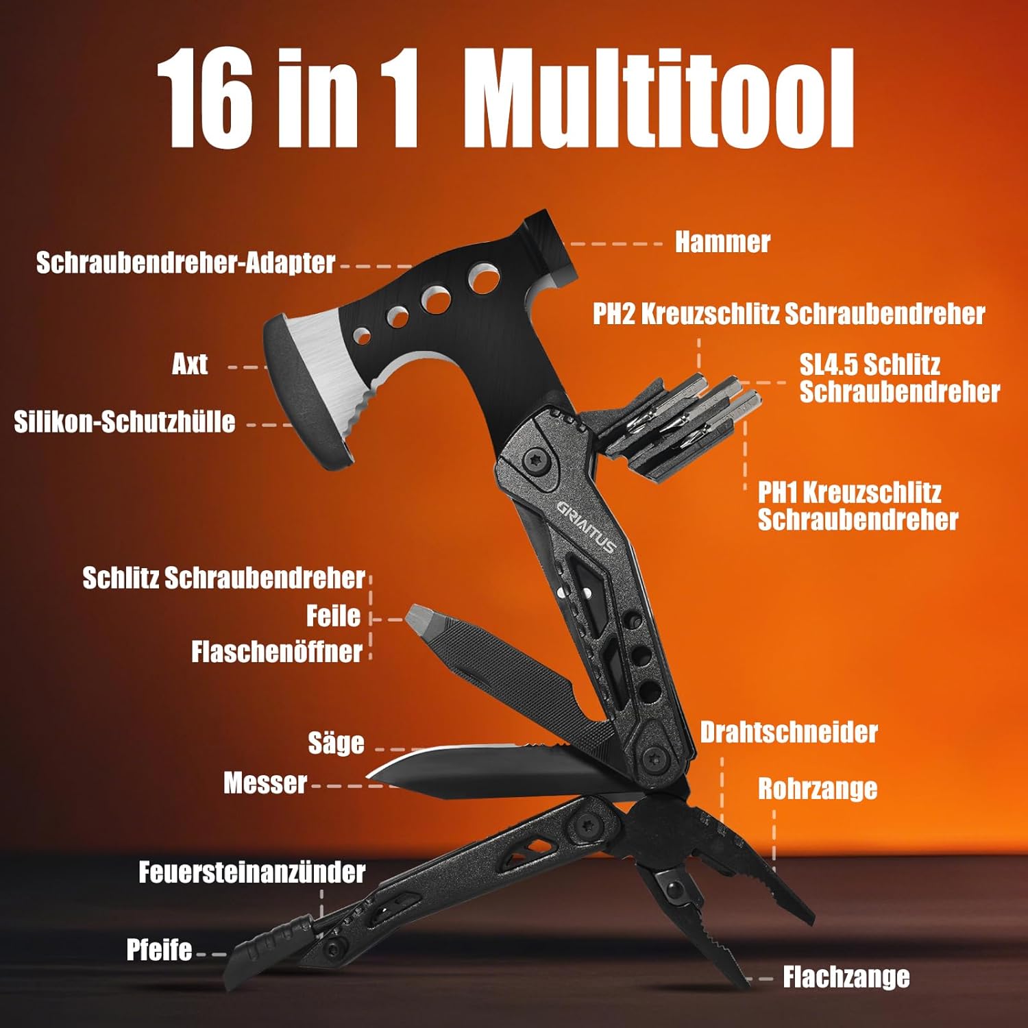 Geschenke für Männer, 16-in-1-Multitool, Camping-Zubehör, Geschenk, Vatertag, Männergeschenke, Überlebens-Gadgets mit Axt, Hammer, Zange, Säge, Schraubendreher, Flaschenöffner, Pfeife – Bild 2