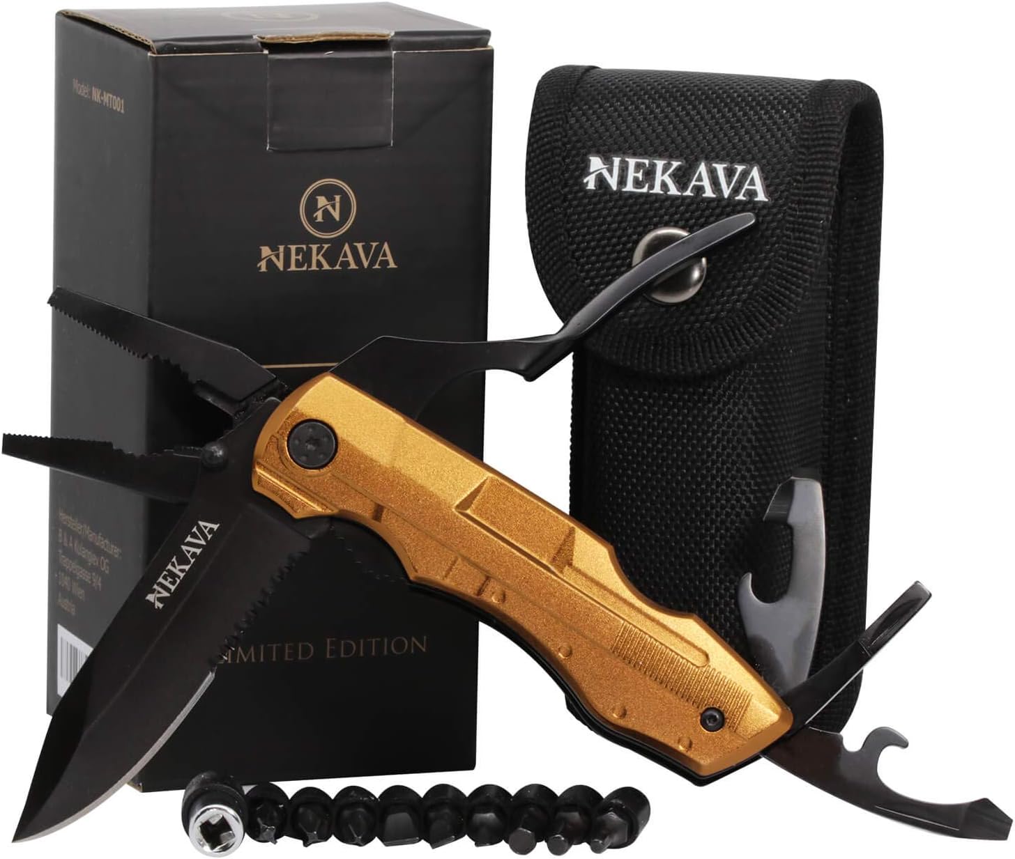 NEKAVA 5-in-1-Multifunktionswerkzeug mit Klappmesser aus schwarzem Edelstahl und goldenem Griff. Ideal als Survivalmesser für Outdoor, Camping, Haushalt. Inklusive kostenlosem Kreditkarten-Tool