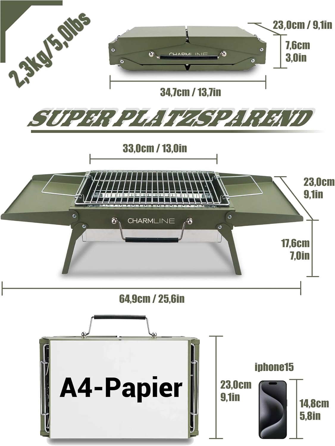 Charmline Tragbarer Holzkohlegrill, klappbarer Campinggrill 35 x 23 cm für 1–3 Personen, Mini-BBQ-Grill für Balkon, Garten, Camping, Picknick und Strand, Grün – Bild 4