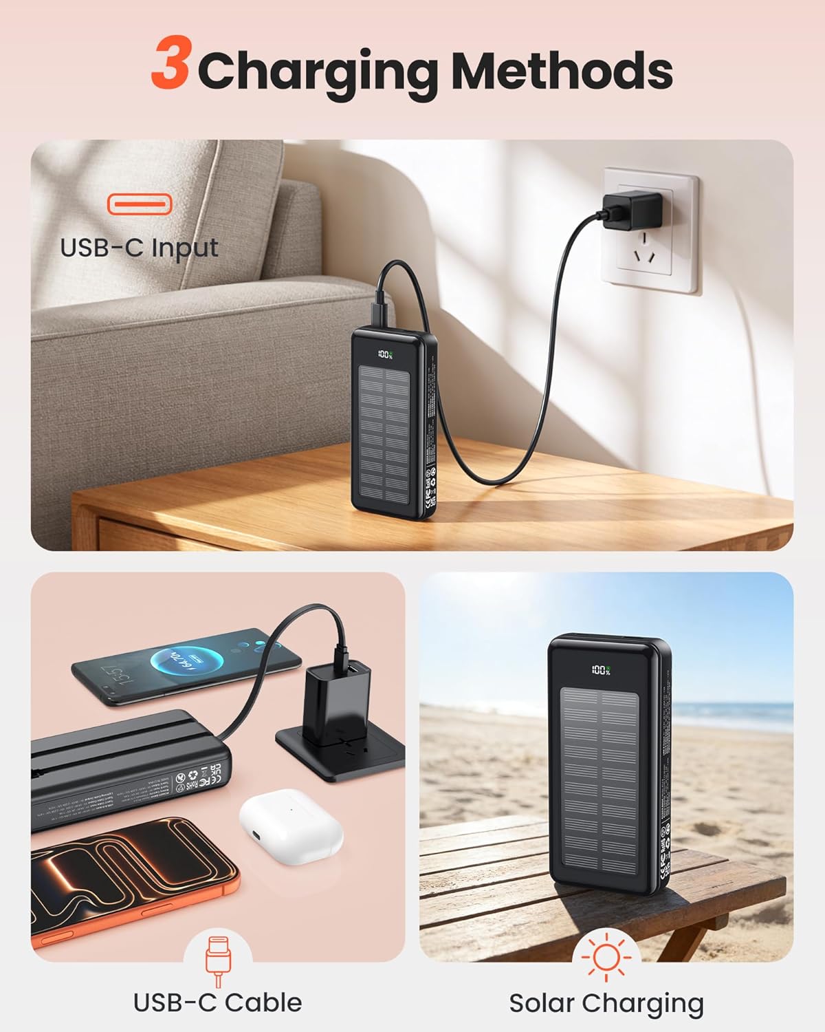 27000-mAh-Solar-Powerbank, Powerbank mit 2 Kabeln, 22,5-W-Schnelllade-Powerbank, tragbares Ladegerät, geeignet für Smartphones – Bild 6