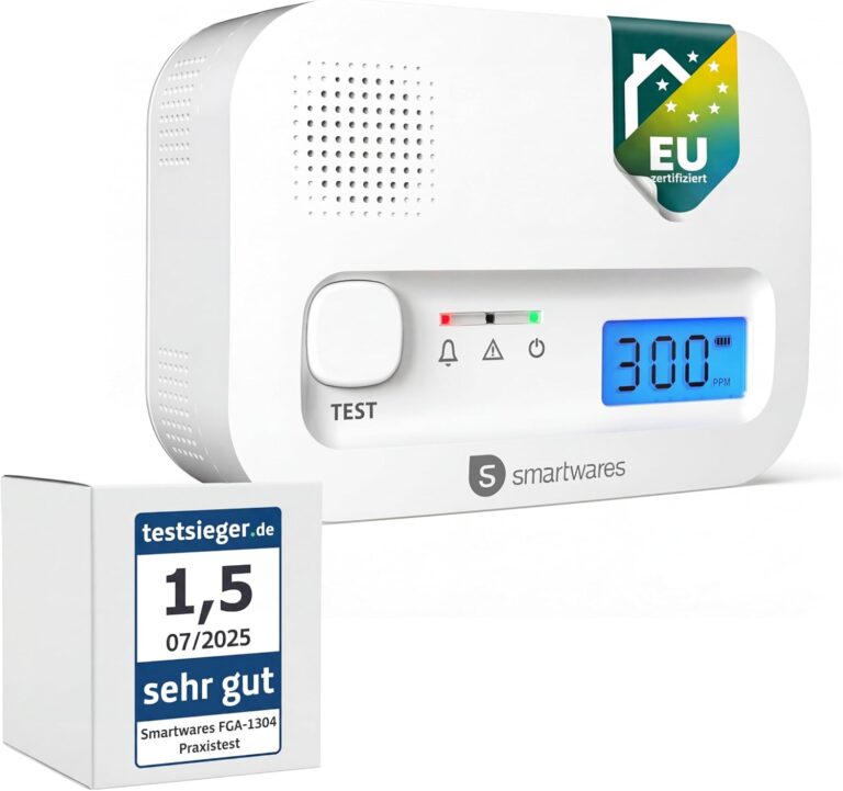 Smartwares Kohlenmonoxidmelder, 10 Jahre Sensor, 1,5 Testsiegerbewertung, mit Display und Testtaste – FGA-13041