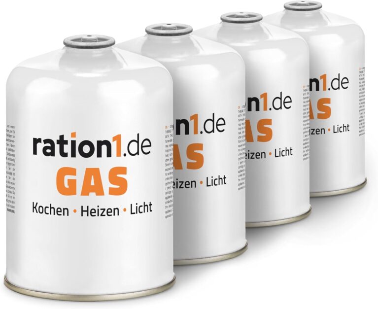 4 x Gaskartusche je 450 g, Gaskartuschen-Set von ration1, EN 417 Schraubkartusche, Ventilkartusche, Butan-Propan-Kartusche mit Gewinde für Campingkocher
