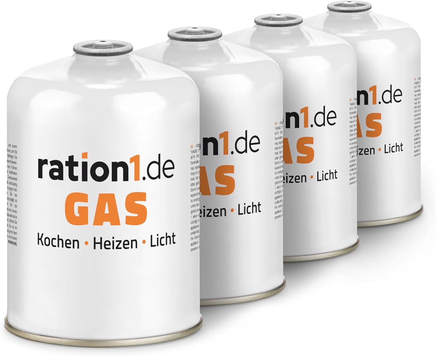4 x Gaskartusche je 450 g, Gaskartuschen-Set von ration1, EN 417 Schraubkartusche, Ventilkartusche, Butan-Propan-Kartusche mit Gewinde für Campingkocher