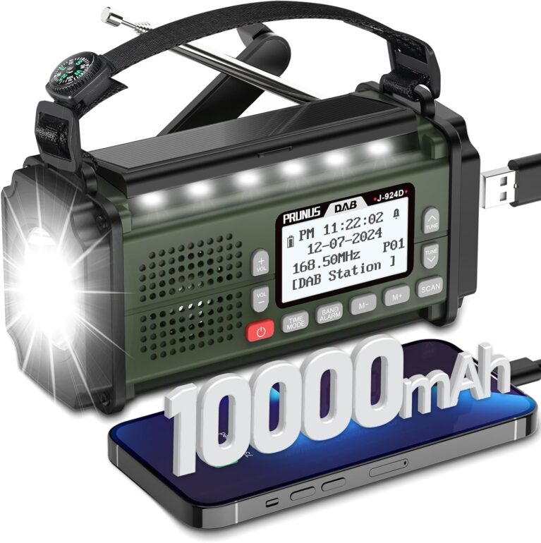 PRUNUS J-924 Digitalradio DAB/DAB+/FM, Kurbelradio Notfall mit 10.000 mAh Akku, DAB-Radio mit Bluetooth, Notfallradio mit Taschenlampe/SOS-Alarm/Handy-Ladefunktion für Ourdoor, Blackout, Notfall.