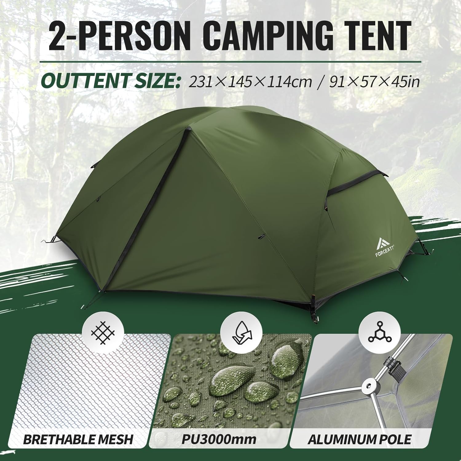 Forceatt Zelt 2–3 Personen Campingzelt, 2 Türen wasserdicht und winddicht, 3–4 Jahreszeiten, ultraleichtes Rucksackzelt für Trekking, Camping, Outdoor. – Bild 2