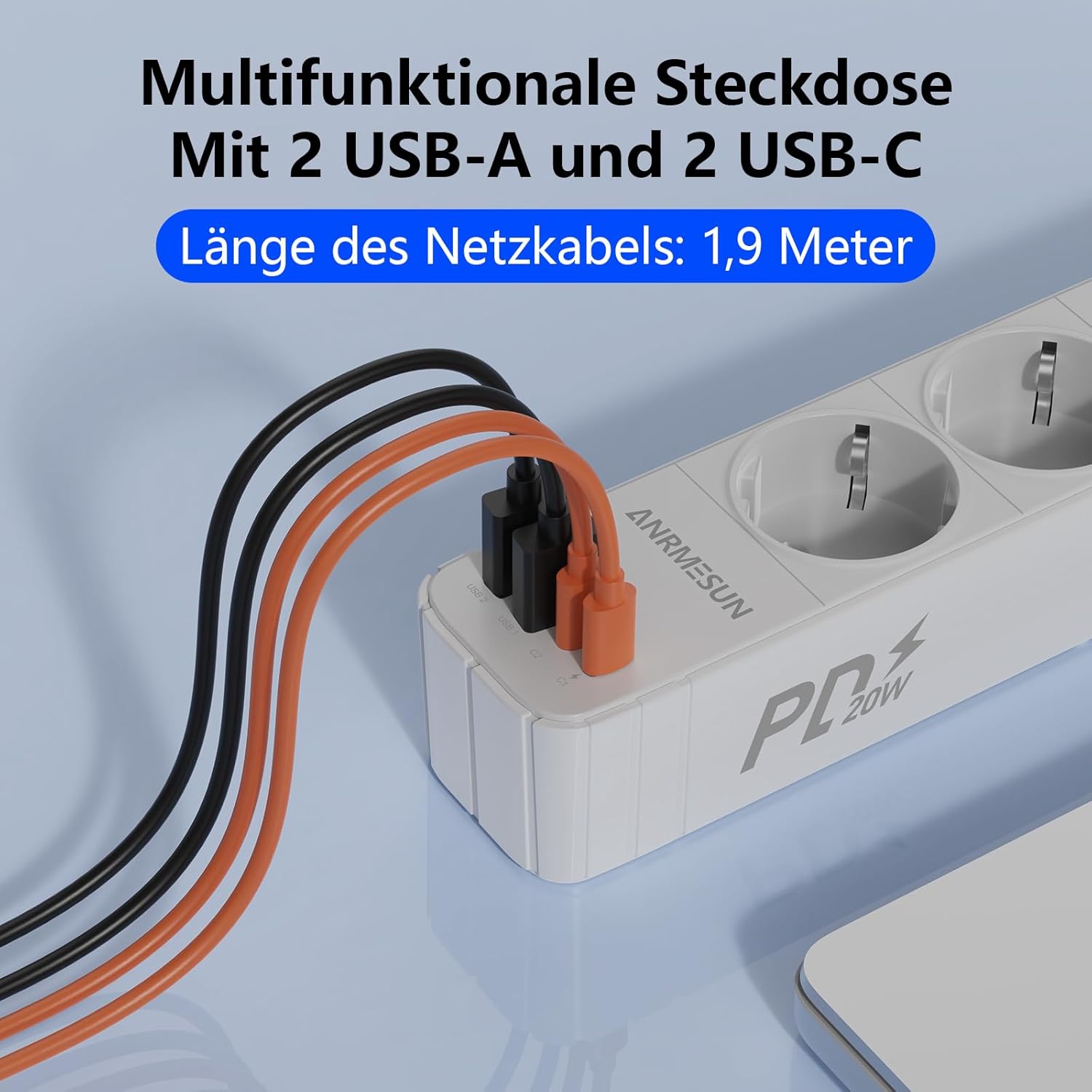 Steckdosenleiste mit USB C PD 20W, 3-fach Steckdose mit Überspannungsschutz, Mehrfachsteckdosen, 4 USB (2 USB-C), Steckdosenleiste Verteilersteckdose mit Schalter und 1,9m Kabel (3 Fächer, Weiß) – Bild 4