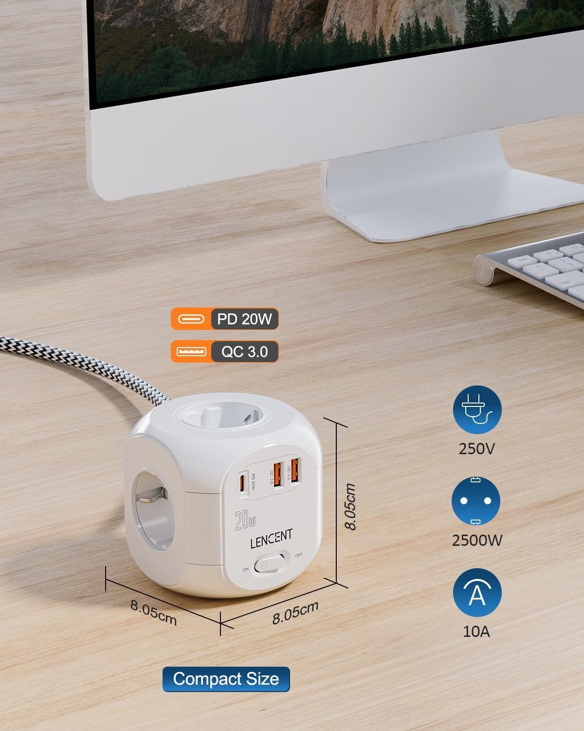 LENCENT 4-fach Steckdosenleiste, Flachstecker, Steckdosenwürfel, 7-in-1 Steckdosenleiste, mit 3 USB 3.0 und 1 Typ-C PD 20W Port, 3 Meter geflochtenes Kabel, für Wandsteckdose – Bild 6