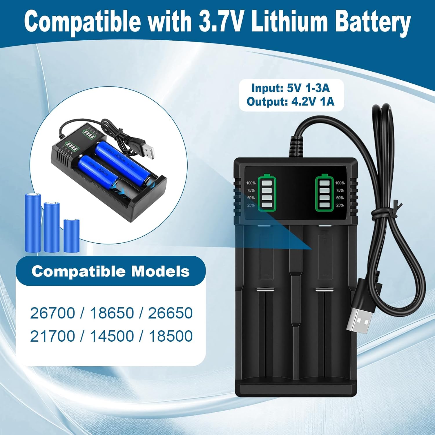 Universelles Akku-Ladegerät für 3,7 V 18650 21700 26650 26700 14500 18500, Akku-Ladegerät mit 2 Steckplätzen für Li-Ionen-Akku AAA AA Akku-Ladegerät mit USB-Kabel, LED-Anzeige – Bild 3