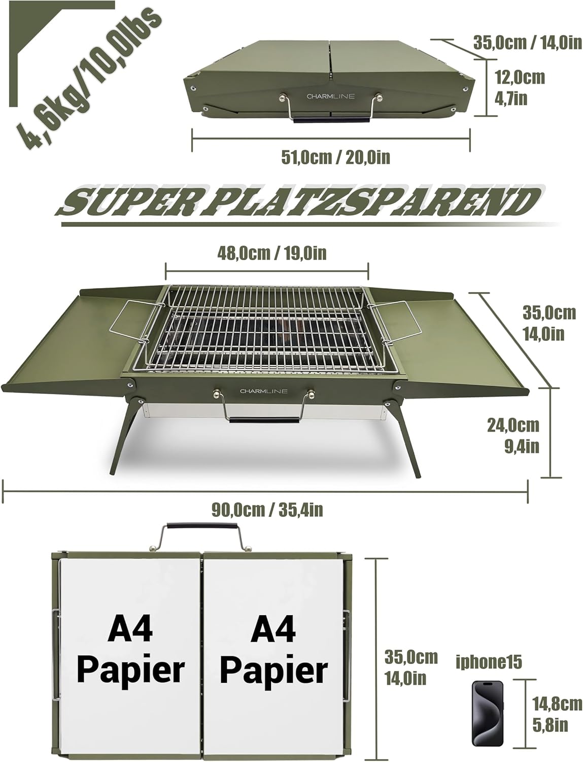 Charmline Tragbarer Holzkohlegrill, klappbarer Campinggrill 51 x 35 cm für 3–5 Personen, Picknickgrill, BBQ-Grill für Balkon, Garten, Camping, Picknick und Strand, grün – Bild 4