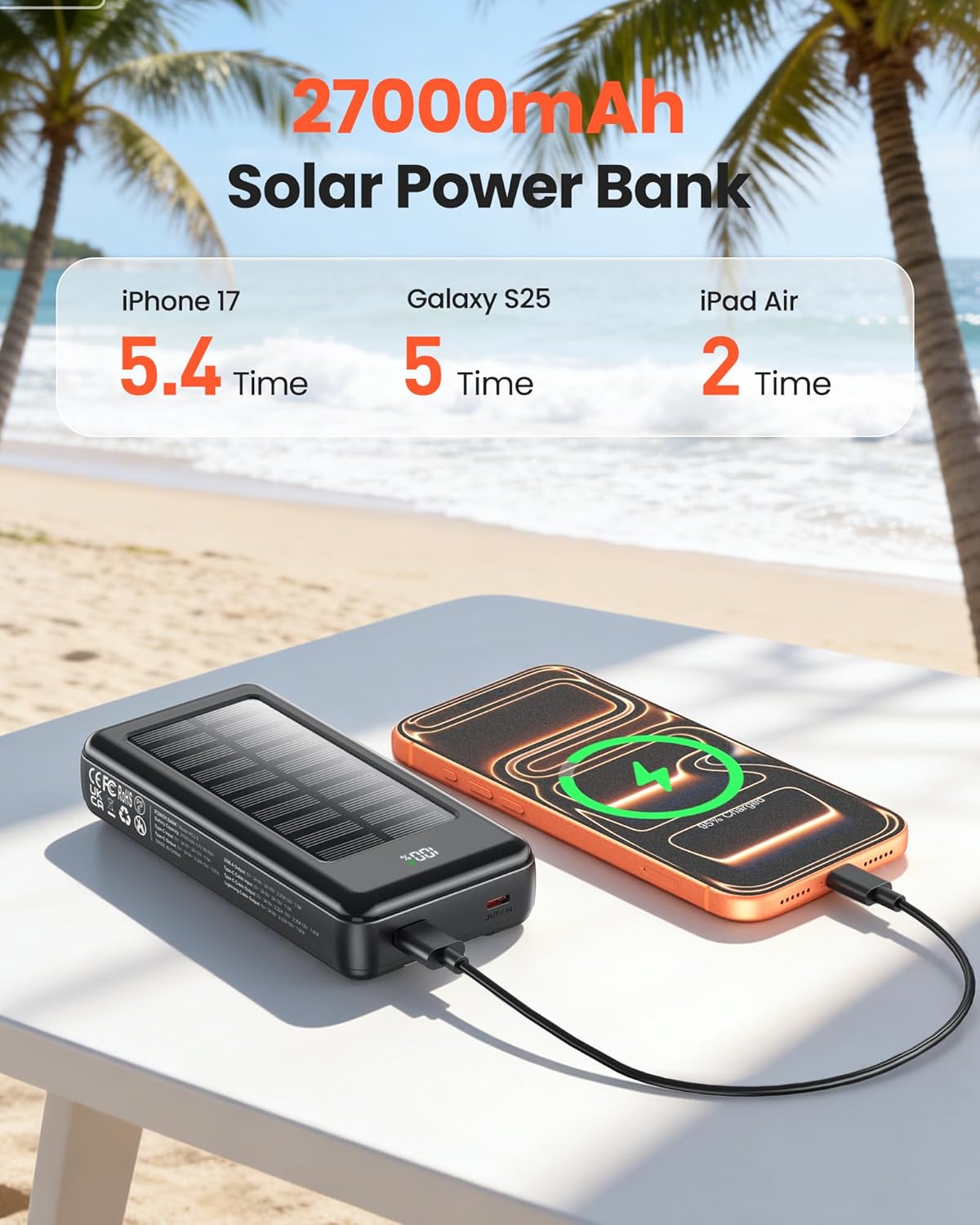 27000-mAh-Solar-Powerbank, Powerbank mit 2 Kabeln, 22,5-W-Schnelllade-Powerbank, tragbares Ladegerät, geeignet für Smartphones – Bild 4