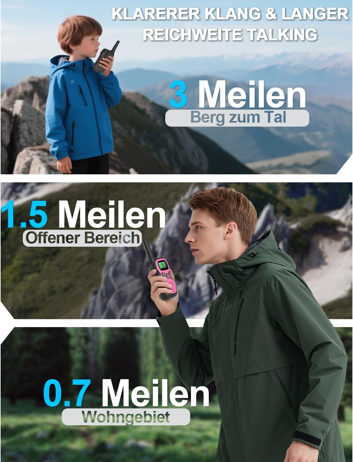 Walkie Talkie 3er-Set, wiederaufladbares Walkie-Talkie-Spielzeug für 3–12 Jahre Mädchen und Jungen, Woki Toki mit 16 Kanälen, 3 Meilen große Reichweite, klarerer Klang für Wandern, Camping, Abenteuer – Bild 4