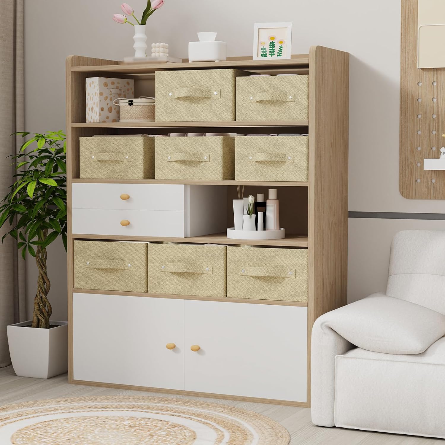 2 Stück Aufbewahrungskörbe für Regale, faltbare Stoff-Aufbewahrungsbox aus Leinen, Schubladen-Organizer-Box mit Griffen für Schrank, offene Stoffbehälter, 33 x 23 x 14 cm, Grau und Beige – Bild 2