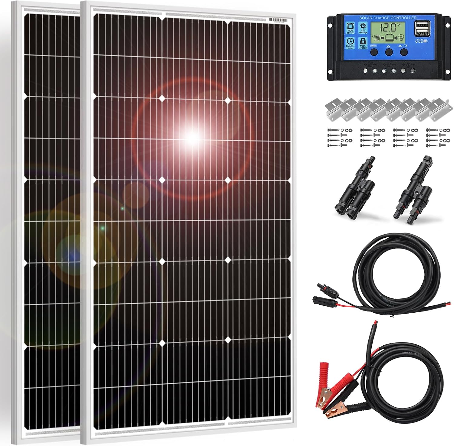 DOKIO Solarpanel 100 W 2 Stück (200 W) 18 V monokristallin (hohe Leistung) für 12 V Autobatterie, AGM, Gel-Batterie, ideal für Wohnmobil, Camping, Gartenhaus