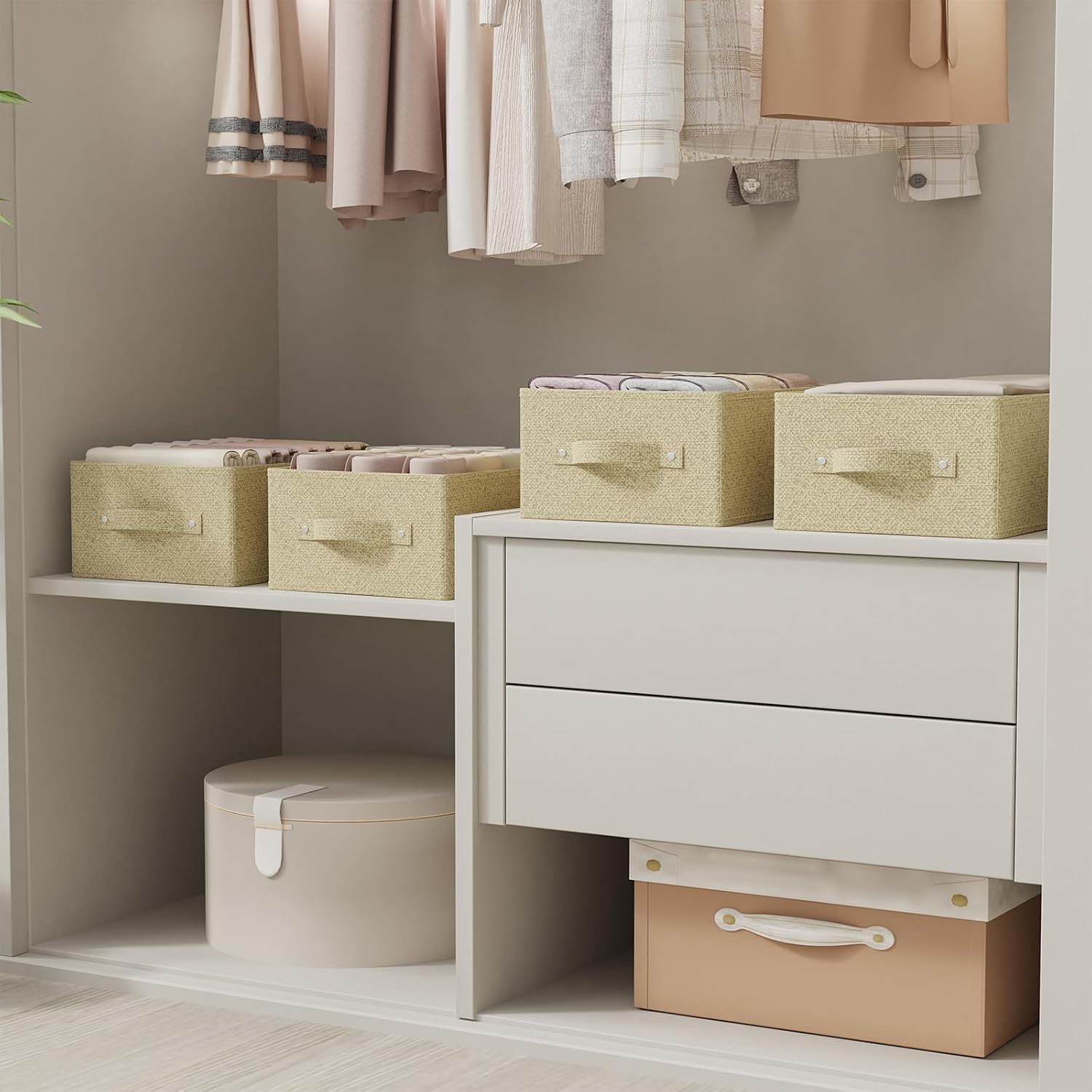 2 Stück Aufbewahrungskörbe für Regale, faltbare Stoff-Aufbewahrungsbox aus Leinen, Schubladen-Organizer-Box mit Griffen für Schrank, offene Stoffbehälter, 33 x 23 x 14 cm, Grau und Beige – Bild 3