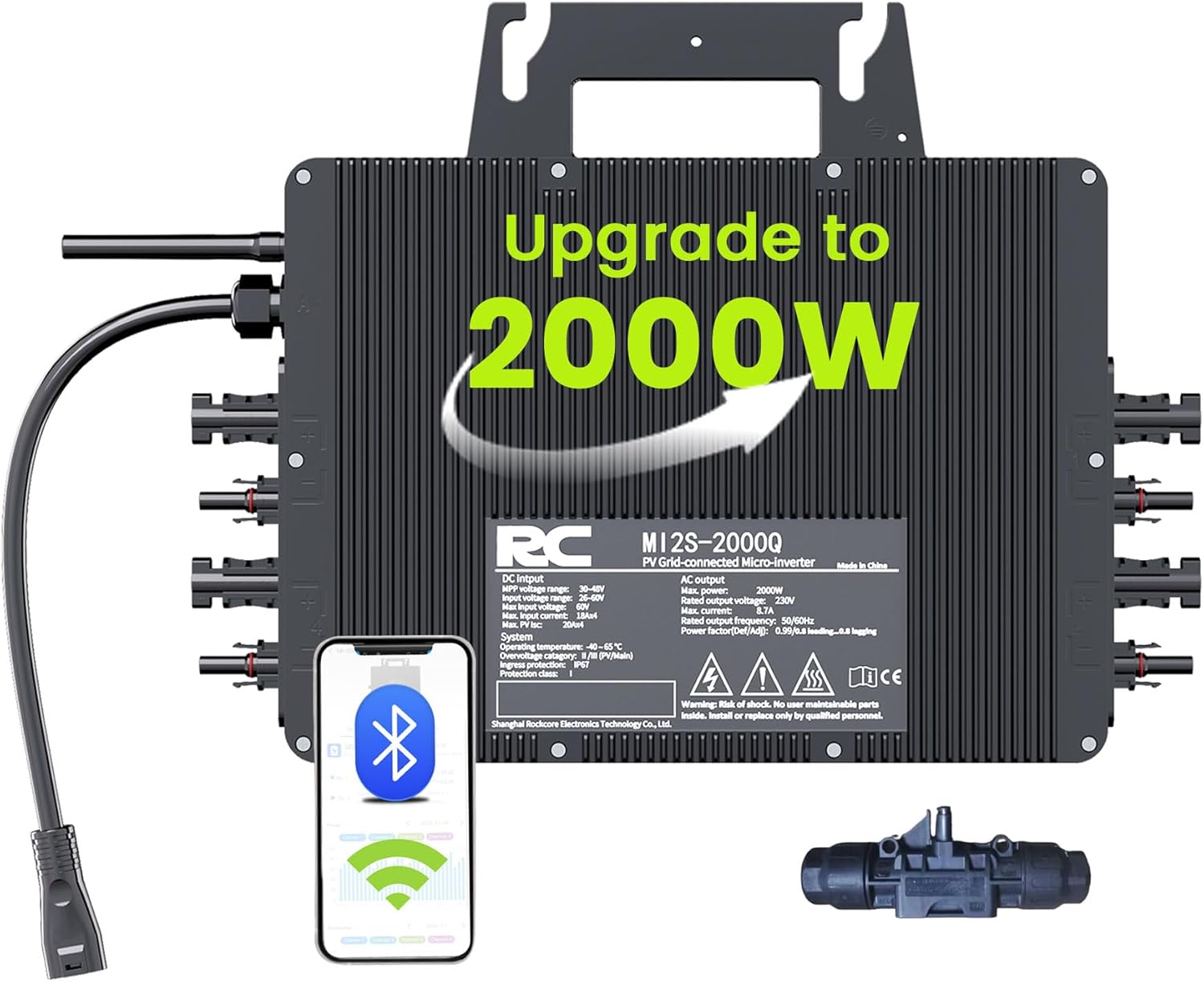 RC Mikro-Wechselrichter 2000 W für Balkonkraftwerk, 26-60 V DC Eingang pro Kanal, 99,8 % MPPT-Wechselrichter, unterstützt WLAN, App-Fernüberwachung, IP67, 0 % MwSt