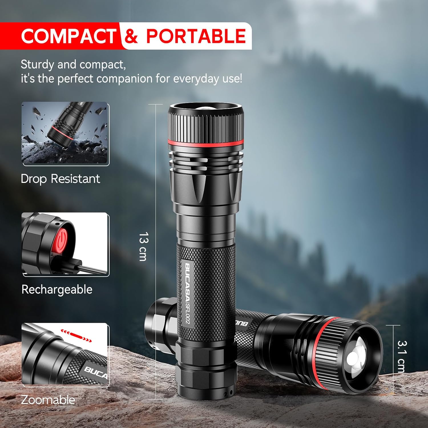 BUCASA Taschenlampe LED wiederaufladbar, 2000 Lumen, extrem helle LED-Taschenlampe mit 3 Modi, 2 Stück, zoombare Taschenlampen, Kinder, wasserdicht, lange Laufzeit, Taschenlampe für Camping, Outdoor, Wandern, Notfall – Bild 4