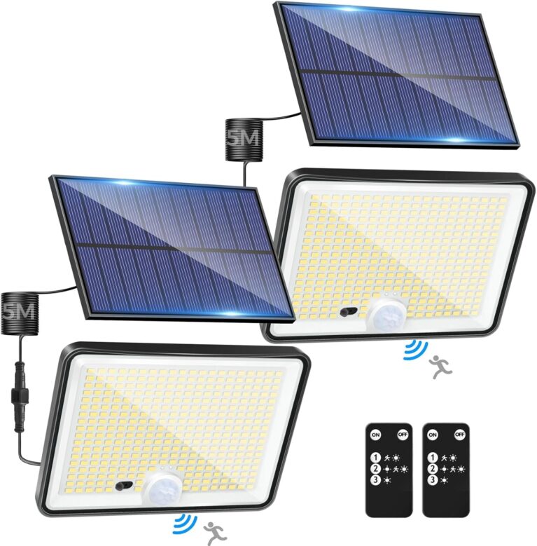 LOTMOS 2 Stück Solarleuchten für den Außenbereich mit Bewegungsmelder, 342 LED Außenleuchte Solar IP65 Wasserdicht Solarleuchte 3 Modi Strahler mit Fernbedienung, Solarlampe Outdoor für Garten Garage im Freien