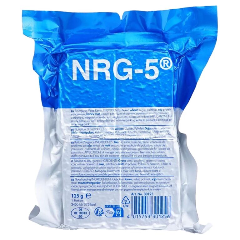 NRG-5® Notfallration, 125 g, kompakte Überlebensration mit hoher Energiedichte, sofort essbare Energieriegel, langlebige, vegane, laktosefreie Notfallnahrung für Outdoor, Krisenprävention & Survival