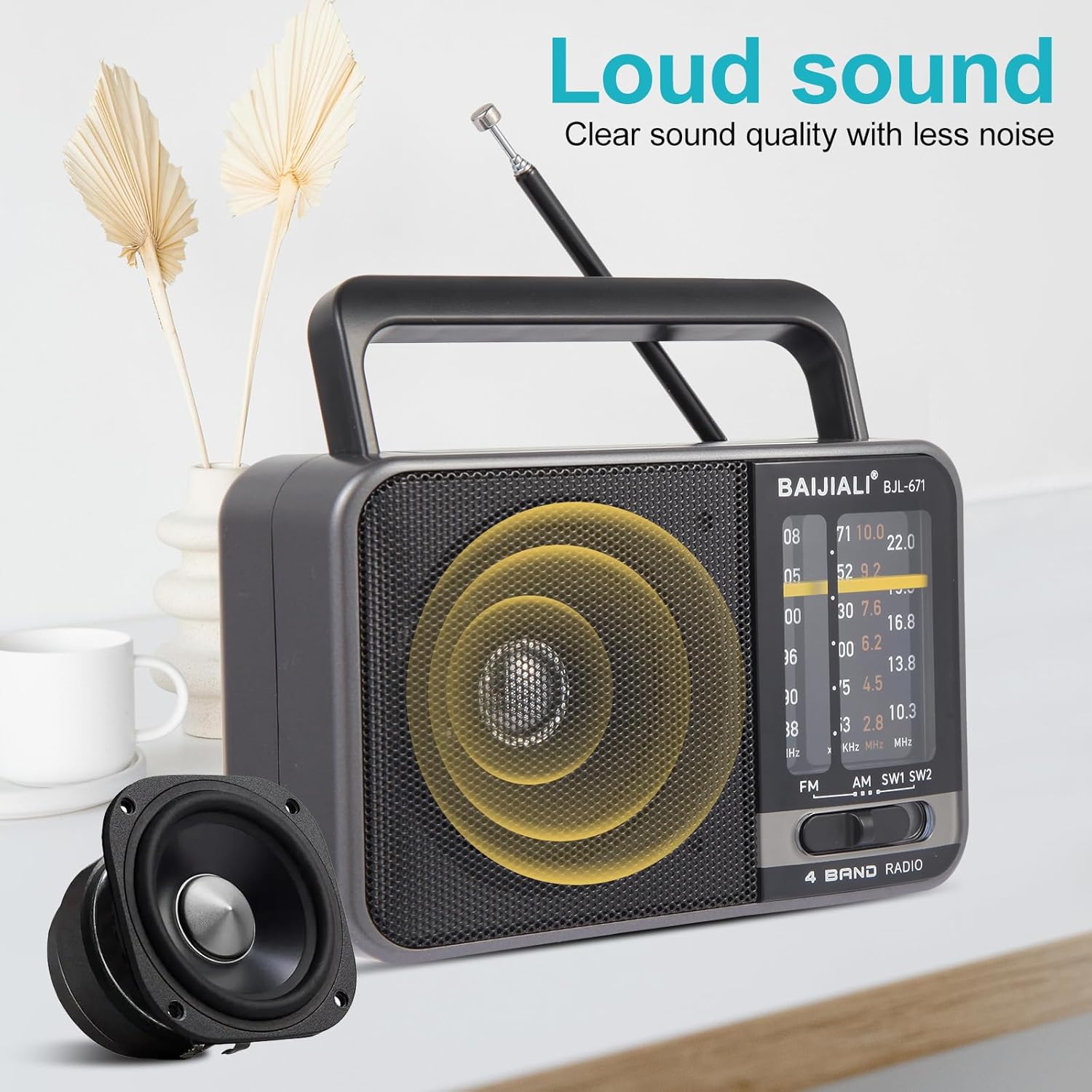 Tragbares FM/AM-Radio mit Lautsprecher, Transistorradio (batteriebetrieben oder USB) für drinnen, draußen und Notfälle (BJL-671) – Bild 4