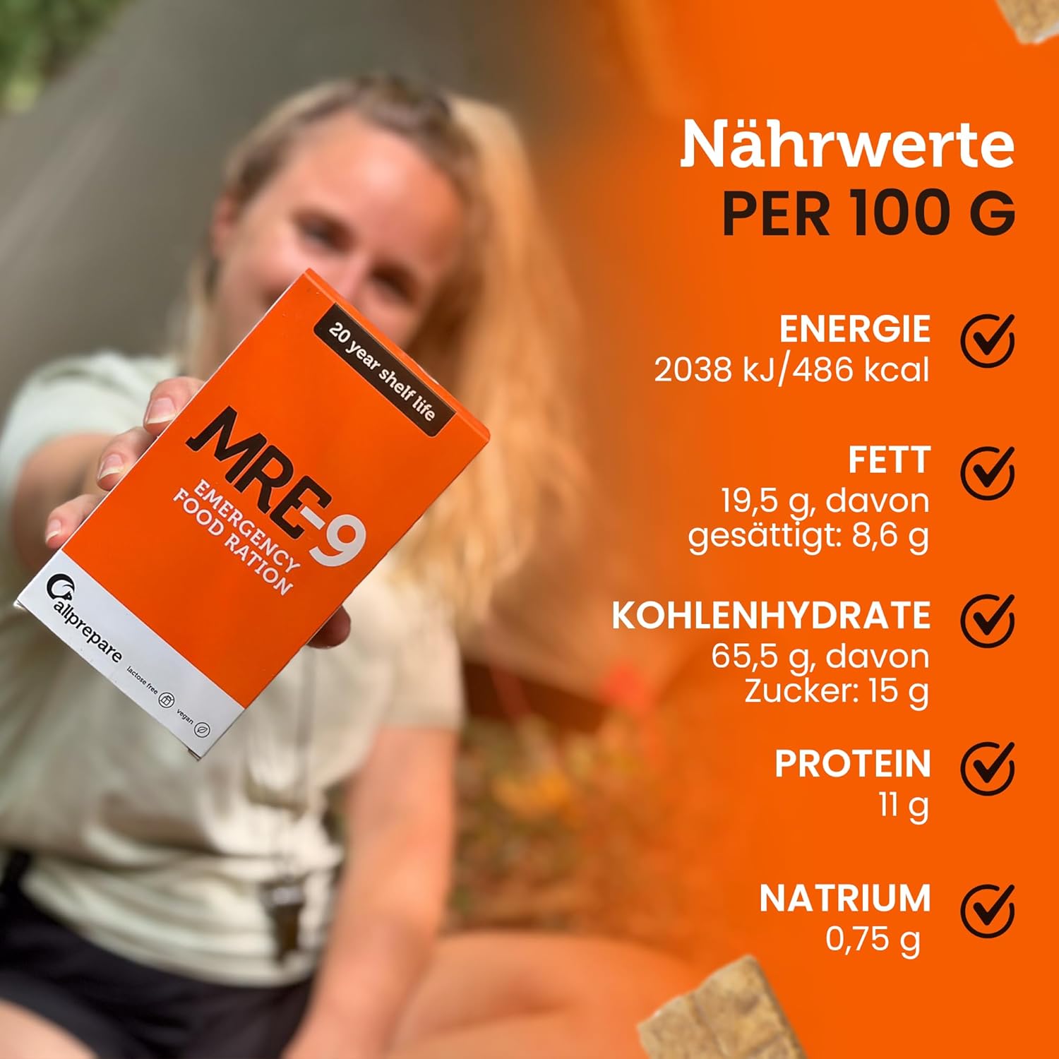MRE-9 Notfallration, 24 Tage Notfallnahrung, 20 Jahre Haltbarkeit, 24 x 500 g Notfallnahrung, 2400 kcal pro Tag, zusätzliche Vitamine – Bild 5