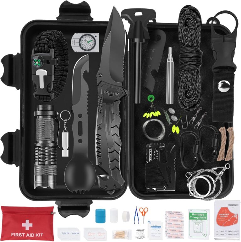 71 in 1 Außen Notfall Survival Kit mit Erste Hilfe Set,Survival Ausrüstung mit Erste Hilfe Set,Multi-Tool Axt,Klappspaten,Rettungsdecke Kompass,Geschenke für Männer Camping/Abenteuer/Wandern im Freien